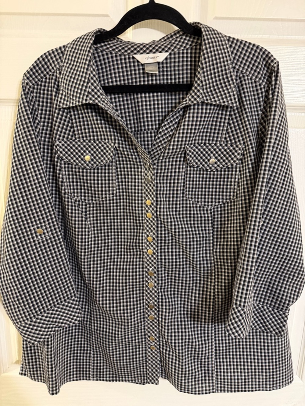 CJ Banks Black & White Gingham Button-Up Blouse
